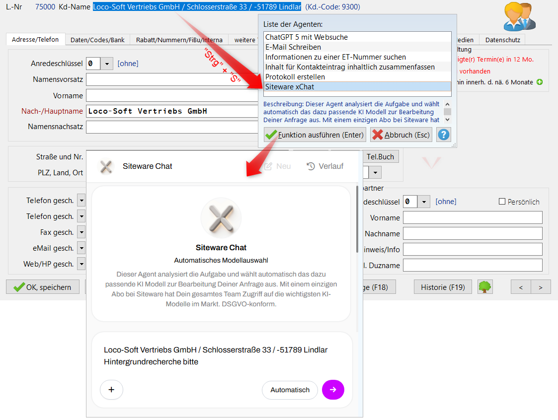 Aufruf Siteware xChat aus Loco-Soft