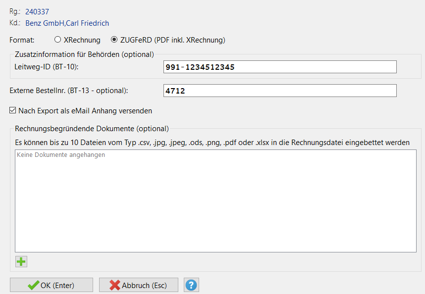 E-Rechnung Ausgabe-Optionen