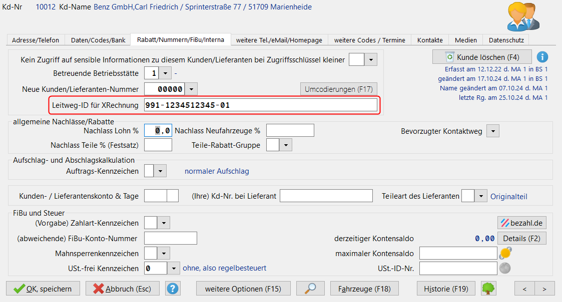 Loco-Soft Leitweg-ID in der Kundenakte